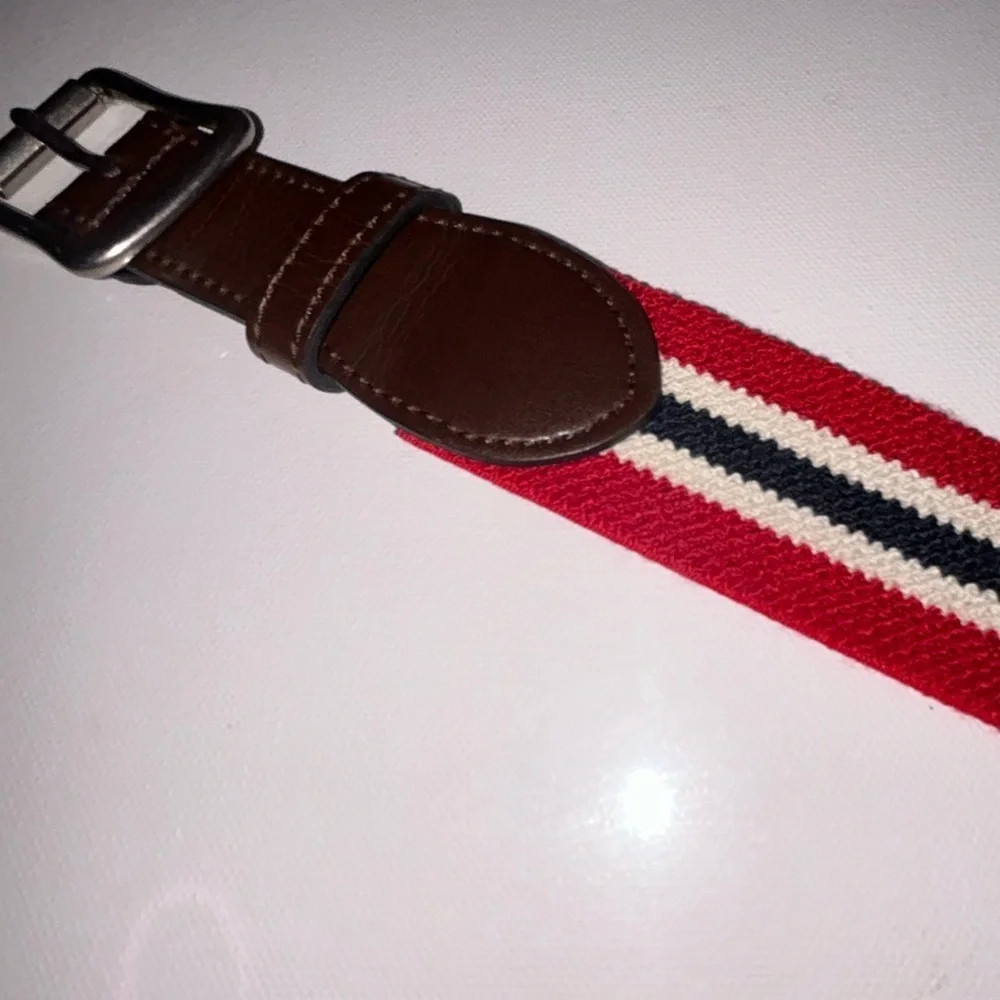 Genuine Leather Belt Silver Buckle Canvas Red White Blue Stretch Unisex Large